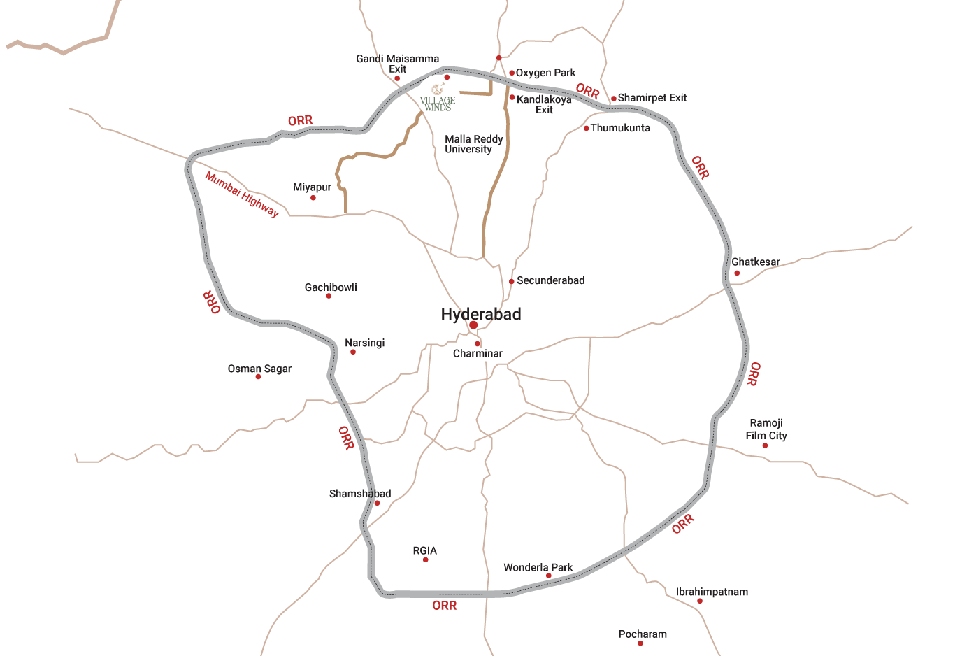 Village Winds location near ORR Hyderabad